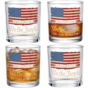 Mumufy 4 Pack 10oz 250th Anniversary Whiskey Rocks Glasses Old Fashioned Glass Drinkware 1776-2026 Patriotic Distressed Vintage American Flag We the People Design, USA Commemorative Gift