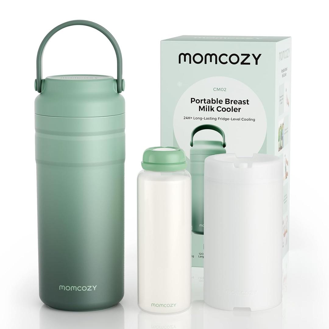 Momcozy Portable Breast Milk Cooler for Travel, 24H Ice-Free Cooling Breastmilk Storage Bottles Container, 12 Ounces Leak Proof Outdoor Small Freezer, Baby Breastfeeding Essential for New Moms (Green)