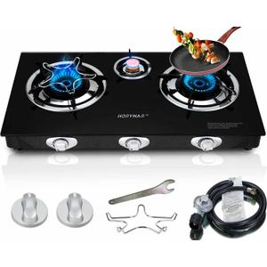 Horynar Propane Stove 3 Burner, Propane Burner, Auto Ignition, Gsa Stove 28,000 BTU,Thickened High-temperature Glass, Easy to Clean, with CSA Hose for Outdoor Cooking, RV, Emergency