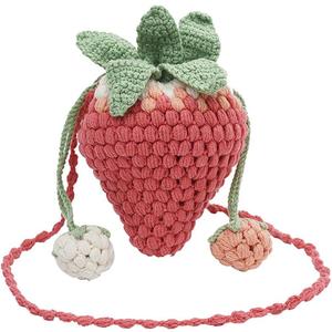 Handmade Knitted Purse Wool Woven Purse Strawberry Shaped Shoulder Bag for Women Crossbody Bag with Drawstring (Pink)