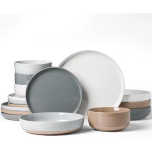 Famiware Milkyway Stoneware Dinnerware Sets with Pasta Bowls, Service for 4 (16 Pieces), Plates and Bowls Sets -Scratch Resistant, Microwave and Dishwasher Safe Dishes Set, Multi-color
