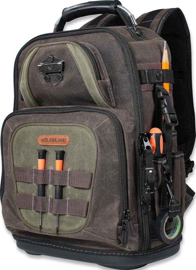 WELKINLAND 36-Pockets Electrician Backpack, Hard-Based HVAC Backpacks, Waxed-Canvas Technician Backpack, Heavy-Duty Tool Backpacks For Men
