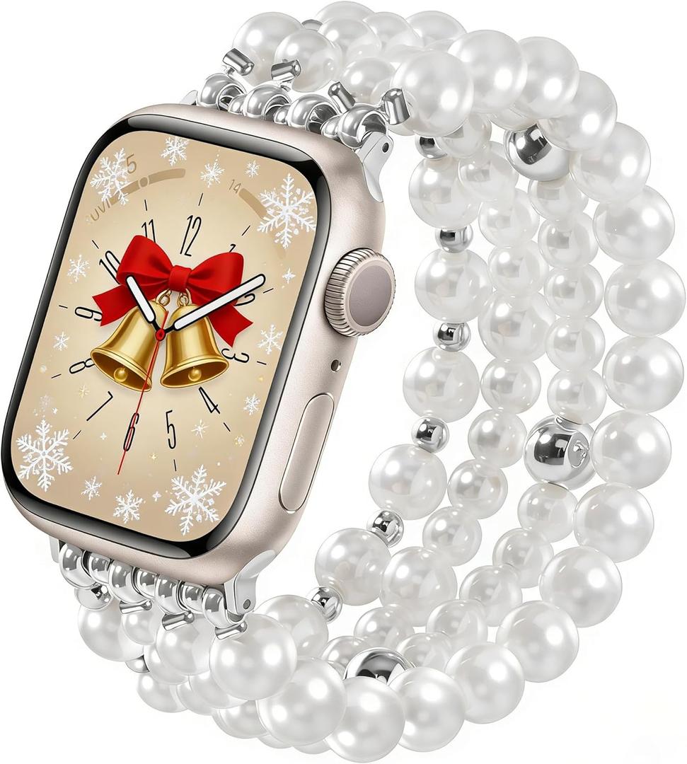 V-MORO Compatible with Apple Watch Band Pearl Series 11/10/9/8/7 42mm 41mm 40mm 38mm Women Fashion Handmade Beaded Elastic Strap Dressy Stretch Bracelet for iwatch SE Series 6/5/4/3/2/1-White/Silver