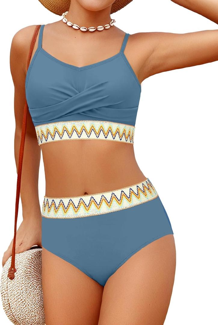 BAVADER Teen Swimsuits for Girls 12-14 Bright Colors Bathing Suits Woven Welt High Waisted Bathing Suits for Teens 12-14 Girls Bikini 2 Pieces Swimsuit with Removable Bra Grey Blue