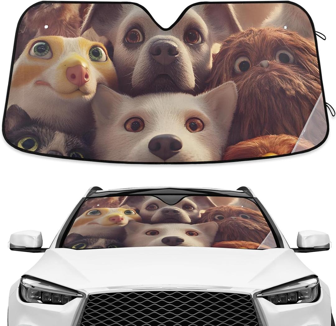 Funny Animals Dog Head Windshield Sunshade Car Sun Shade Foldable Front Window Covers Blocks UV Rays Visor Protector Accordion for Truck SUV Accessories
