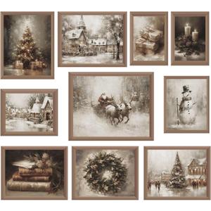 Whaline 10Pcs Christmas Vintage Wall Art Prints Retro Xmas Tree Santa Snowman Paper Posters Winter Rustic Picture Decoration For Party Gallery Living Room Office, Unframed