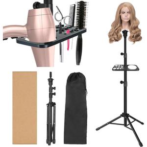 ZQIAN BEAUTY 50 Inch Metal Wig Stand, Adjustable Wig Head Stand, Mannequin Head Stand for Cosmetology Hairdressing, Wig Stand Tripod with Tool Tray (Black, Mannequin Head Not Included)