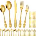 Dandat 60 Pcs Gold Silverware Set Service for 12, Stainless Steel Retro Royal Flatware Tableware Cutlery Utensils Set Including Fork Spoon and Knife for Home Kitchen Restaurant Wedding