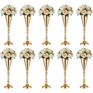 10 Pcs Tabletop Decoration Centerpiece, 14.4in Metal Wedding Flowers Small Gold Vase, Christmas Anniversary Birthday Party Home Decoration Flower Arrangement