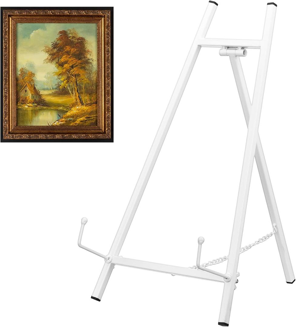 Leinuosen 1 Pcs Metal Easel Stand 16.5" H x 8.7" W x 4.3" D Table Top Easel Stand for Display Tripod Art Picture Mirror Modern Plate Holder for Display Book Photo Wedding Sign (White)