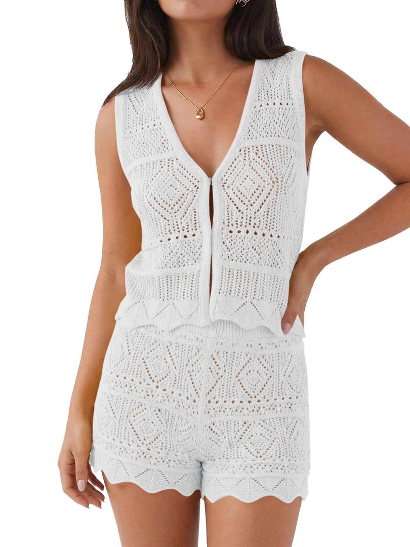 Tankaneo Womens 2 Piece Crochet Short Sets Beach V Neck Cover Up Outfits (XXL)