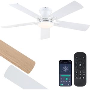 White Ceiling Fan with Lights - 52" Flush Mount Ceiling Fan with Remote and Dimmable LED Light, 5 Dual-Sided Blades, 3CCT 6 Speeds, Modern Low Profile Ceiling Fan for Indoor and Outdoor Patios