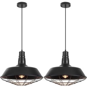 Black Farmhouse Pendant Light, 18.1 Inch Large Pendant Lights Kitchen Island, Industrial Pendant Light with Wire Cage, Barn Light 2 Pack, Island Pendant Lights for Kitchen Barn Dining Room