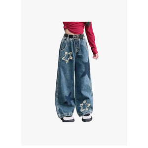 5-14 yrs Kids Girls Jeans Distressed Elastic Waist Baggy Denim Wide Leg Pants Trousers