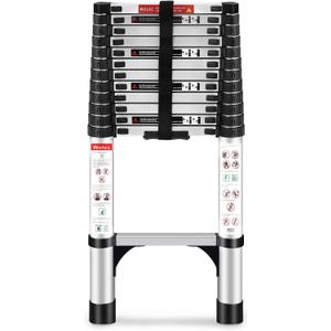 Telescoping Ladder, 12.5FT Aluminum Lightweight Portable Telescopic Ladder, Stabilizers & Wheels, Heavy Duty 330lbs Max Capacity,Extension Ladder for Roofs, RVs, Outdoor-Sliver (12.5 FT, Silver)