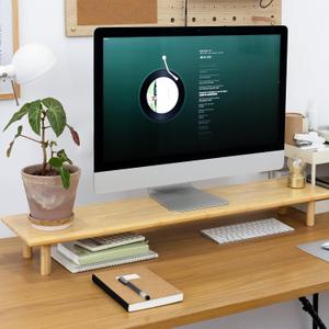 Bamboo Dual Monitor Stand Riser with Underneath Storage, Ergonomic Desk Shelf Supports PC Computer Monitor, Printer, TV for Home, Office, Natural