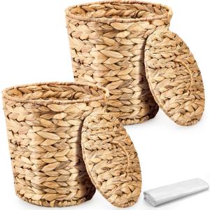 Ctosree 2 Pcs Wicker Trash Can Basket Woven Waste Basket with Lid Bathroom Wastebasket Garbage Bin with 100 Pieces of Trash Bags for Bedroom Farmhouse Home Office Kitchen(Medium) (Brown)