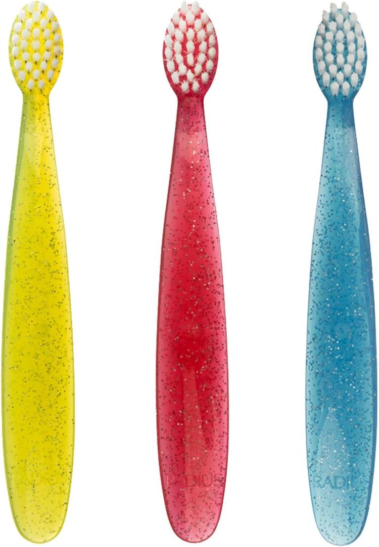 RADIUS Children's Toothbrush, Totz Brush, Extra Soft Bristles, Blue/Coral/Yellow, BPA Free & ADA Accepted, Designed for Delicate Teeth & Gums for Children 18 Months & Up, Pack of 3