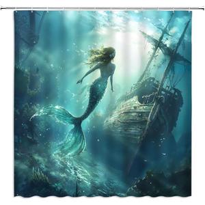Mermaid Shower Curtain Vintage Underwater Ocean Shipwreck Coastal Abstract Tropical Coral Fantasy Marine Life Bathroom Decor Polyester Curtains with Hooks,70Wx70L