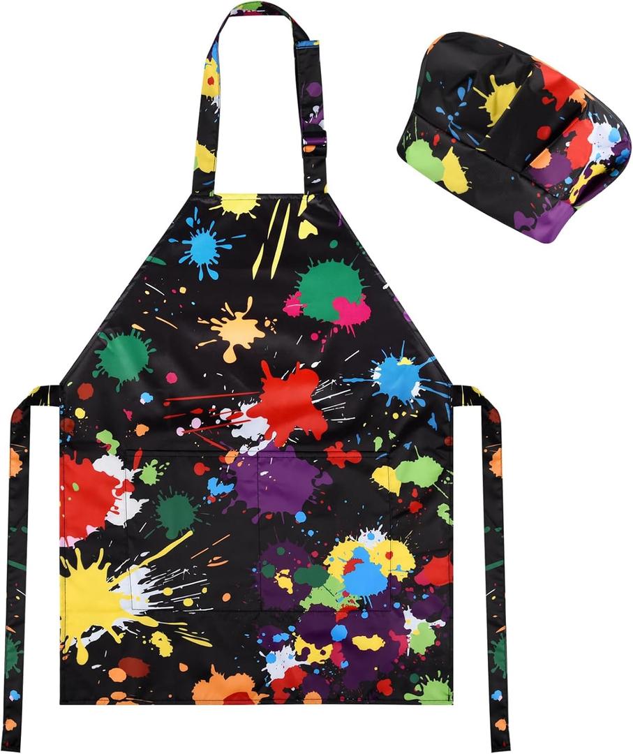 CHRORINE Kids Chef Apron and Chef Hat Set Girls Boys for Cooking Baking Art Painting Activity