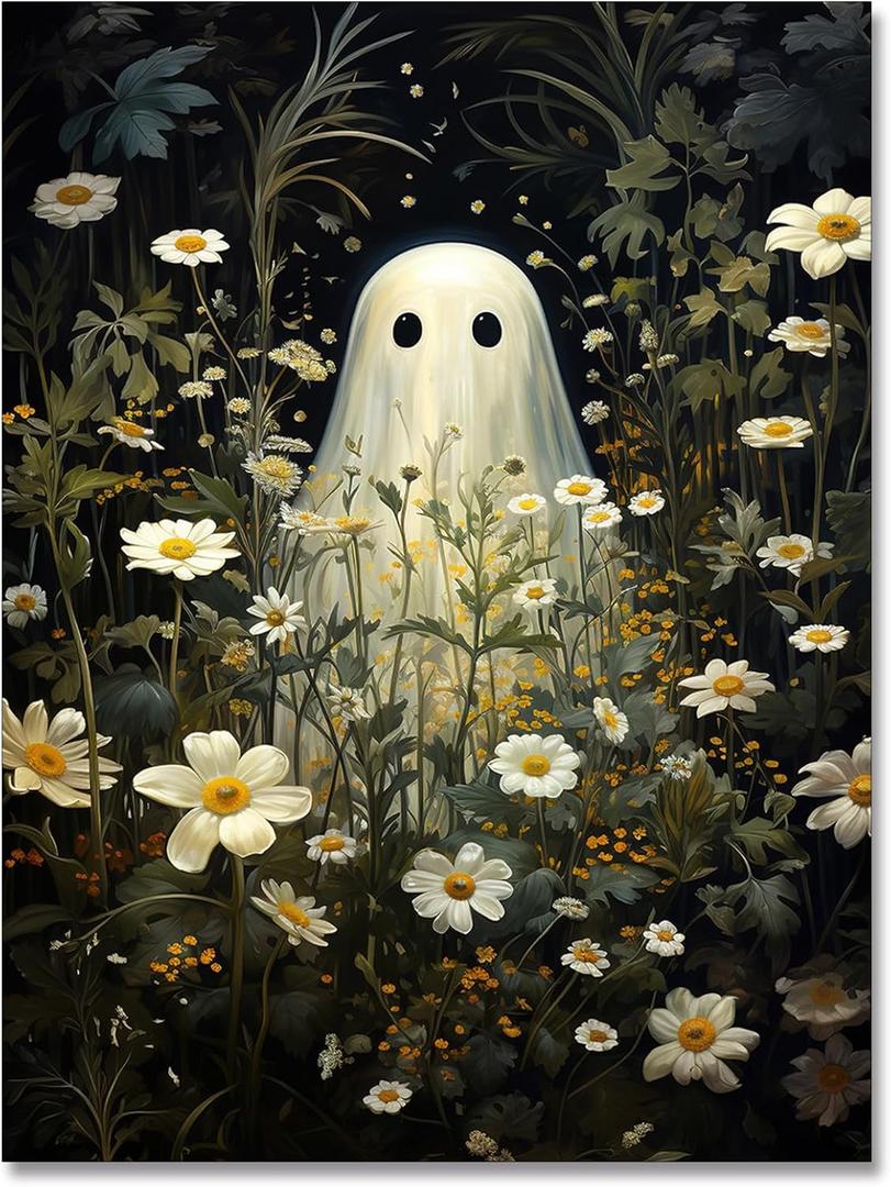Cute Ghost Art Vintage Ghost Wall art Dark Forest Ghost Ghost Halloween Canvas Poster Gothic art Print Painting Adorable Creepy Art Halloween decoration12x16in Unframed