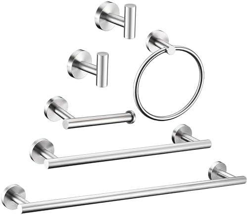 6 Pieces Brushed Nickel Bathroom Hardware Accessories Set Hand Towel Ring 16&23.6 inch Round Towel Bar Silver Toilet Paper Holder Towel Hooks 2 Pieces SUS 304 Stainless Steel,Heavy Duty,Wall Mounted