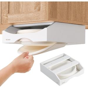 CKIU 10-inch Paper Plate Dispenser Under Cabinet, Bamboo Paper Plate Holders, Kitchen Counter Vertical Plate Dispensers Holders Countertop Caddy (For 10-inch Plates, White)