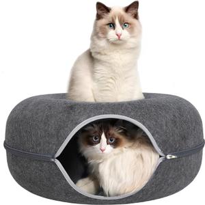 24inch-Tunnel Bed for Indoor,cattasaurus Peekaboo cat cave for Multiple,Detachable Felt Felt Washable Interior for Indoor Cats,Donut Tunnel (Dark Grey)