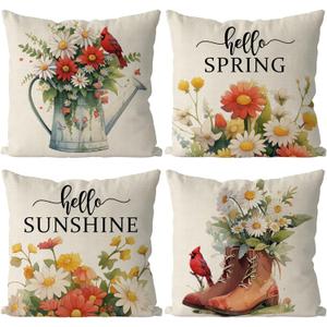 GAGEC Spring Pillow Covers 16x16 Inch Set of 4 Cardinal Floral Throw Pillowcase Hello Sunshine Home Sofa Bedroom Living Room Holiday Cushion Case Farmhouse Decorations
