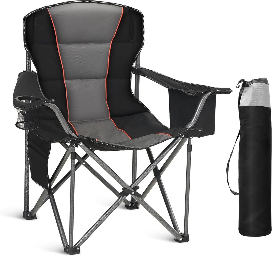 Oversized Portable Camping Folding Chair, Heavy Duty Foldable Outdoor Chair, Camp Chair with Cup Holder and Cooler Bag Support 450 LBS, Black (Single Pack)