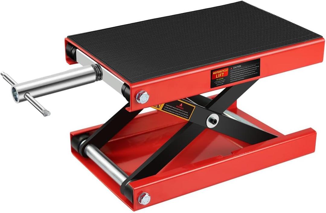 Motorcycle Scissor Jack - 1100LBS Heavy Duty Motorcycle Lift with Safety Lock Pin & Non-Slip Saddle, Manual Crank Handle, 3.7"-18.7" Lift Range for Dirt Bike Stand, Cruiser & ATV Garage Repair (Wide Deck, Red)