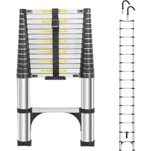 Telescoping Ladders 15.5 FT Aluminum Ladder - One-Button Retraction Collapsible Extension Ladder for Home,RV,Attic & Loft, Lasts 330 LBS with 2 Triangle Stabilizers and 2 Detachable Hooks