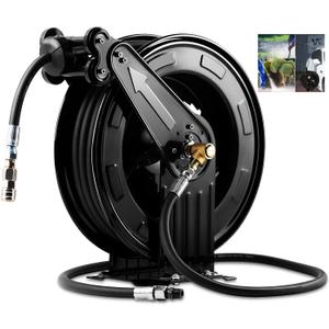 Retractable Pressure Washer Hose Reel, Heavy Duty Steel Professional Power Wash Hose Reel Double Arm 50FT x 3/8" with 5 ft Lead for Water/Air/Oil4000 PSI [Pressure cleaning hose not included ]