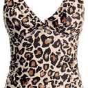 Yonique Women's Tankini Top Only Tummy Control Bathing Suit Top Ruffle Swimsuit Top V Neck Swim Tank Top No Bottom, Size large, Leopard