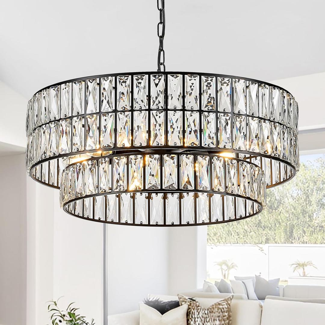 24'' Black Crystal Chandeliers Luxury 8-Lights Pendant Chandelier Drum Semi Flush Mount Ceiling Lights for Living Room Dining Room Foyer Bedroom Kitchen