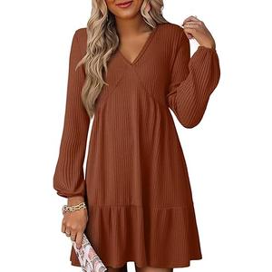 Dokotoo Fall Dresses for Women 2025 Long Sleeve V Neck Lightweight Ribbed Knit Empire Waist Casual A Line Swing Mini Dress Medium