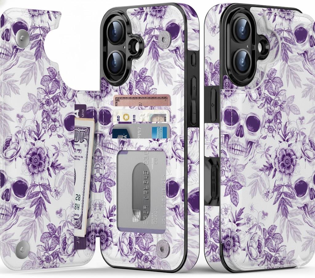 FUNMIKO for iPhone 16 Plus Wallet Case with Card Holder, RFID-Blocking, Military-Grade Drop Protection & Floral Animal Design, Magnetic Closure with Leather Kickstand - Floral Skull