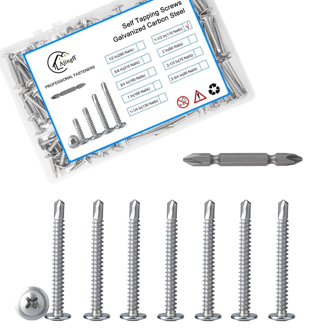 4 x Sheet Metal Self-tapping Screws with Storage Box 110pcs,Cross #8  1-1/2inch Truss Head Sheet Metal Screws without Pre-drilling for Furniture Making and Woodworking, High Strength Quick Tapping Screws