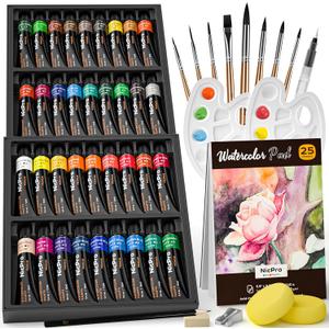 Nicpro Watercolor Paint Set for Adults,Beginner & Artists, 36 Tubes Water Color Paint Set with 25 Watercolor Paper Book, 8 Squirrel Paint Brushes, Palettes, Color Wheel, Water Color Painting Supplies