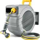Retractable Garden Hose Reel 5/8 in x 65 ft, 2025 Upgraded Dual Ratchet Lock UV & Freeze Protection Brass Seal Slow Retraction Anti-Tangle Hose 180Swivel Reinforced Scaffold Wall Mount (Light Gray)