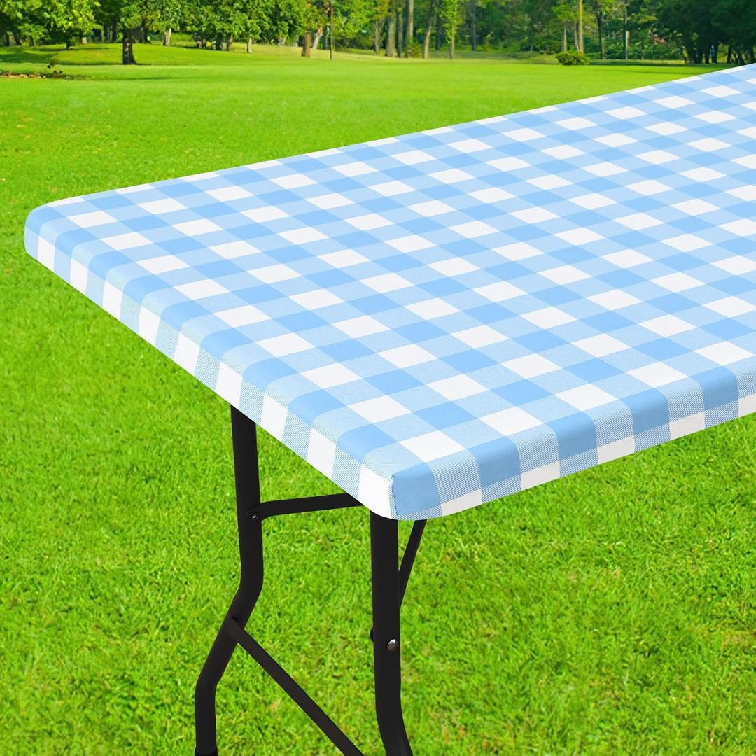 Smiry Rectangle Picnic Table Cloth, Elastic Waterproof Fitted Vinyl Tablecloths, Flannel Backed Buffalo Plaid Table Covers for Dining, Camping, Outdoor (Baby Blue and White, 30" x 60")