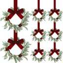 8 Pcs Christmas Mini Wreaths for Cabinet 8 Inch Flocked Mistletoe Wreath with Bow Artificial Berries Pinecones for Christmas Holiday Kitchen Cabinet Window Chair Decor(White)