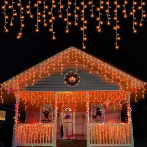 YEGUO 33ft 400 LED Orange Thanksgiving Lights, Connetable Icicle Light Outdoor Waterproof, 8 Modes Christmas Lights Indoor Plug in for Thanksgiving House Patio Fall