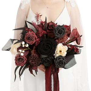 Ling's moment Black and Burgundy Wedding Bouquets for Bride, Gothic Bridal Bouquets for Bride, 13 Inch Free Form Artificial Wedding Flower Bouquet