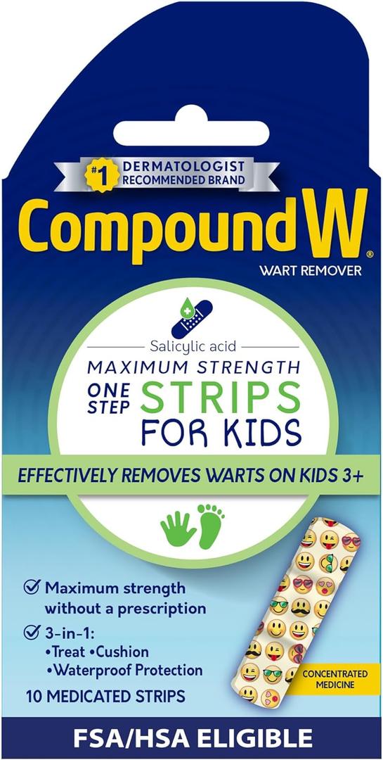Compound W Kids One Step Wart Remover with Salicylic Acid, Wart Removal Strips for Kids Ages 3 & Up, Waterproof, 10 Count