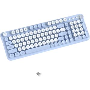 Wireless Bluetooth Keyboard - Full Size Retro Round Typewriter Style Wireless Keyboard with 2.4GHz & Bluetooth Dual-Mode Compatibility for PC, Laptop, Windows, Mac, and More (Blue)