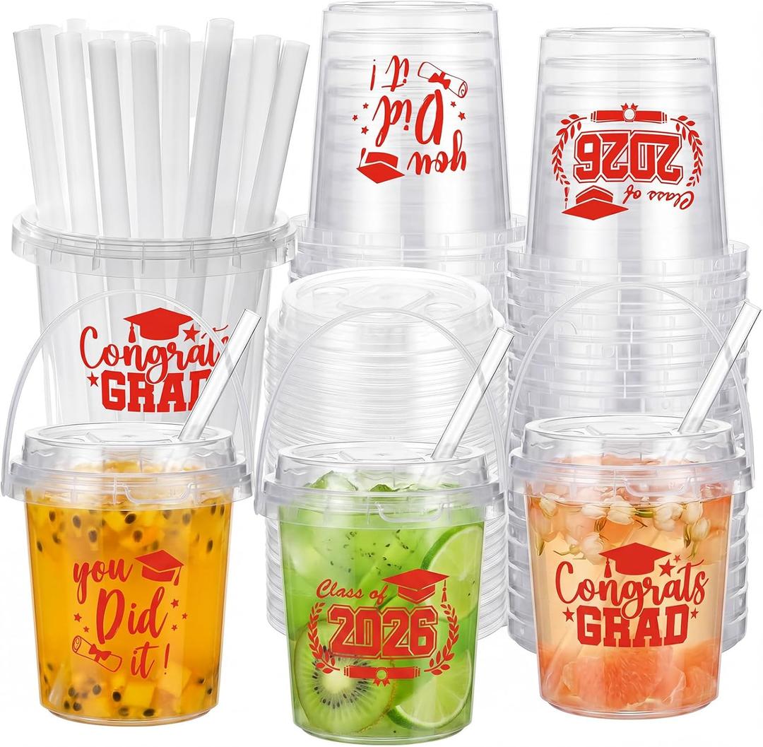 Ceenna 30 Sets 24oz Graduation Drink Buckets with Lids and Straws Class of 2026 Graduation Plastic Bucket Cups Congrats Grad Party Supplies for High School College Tailgate Party Summer Events (Red)