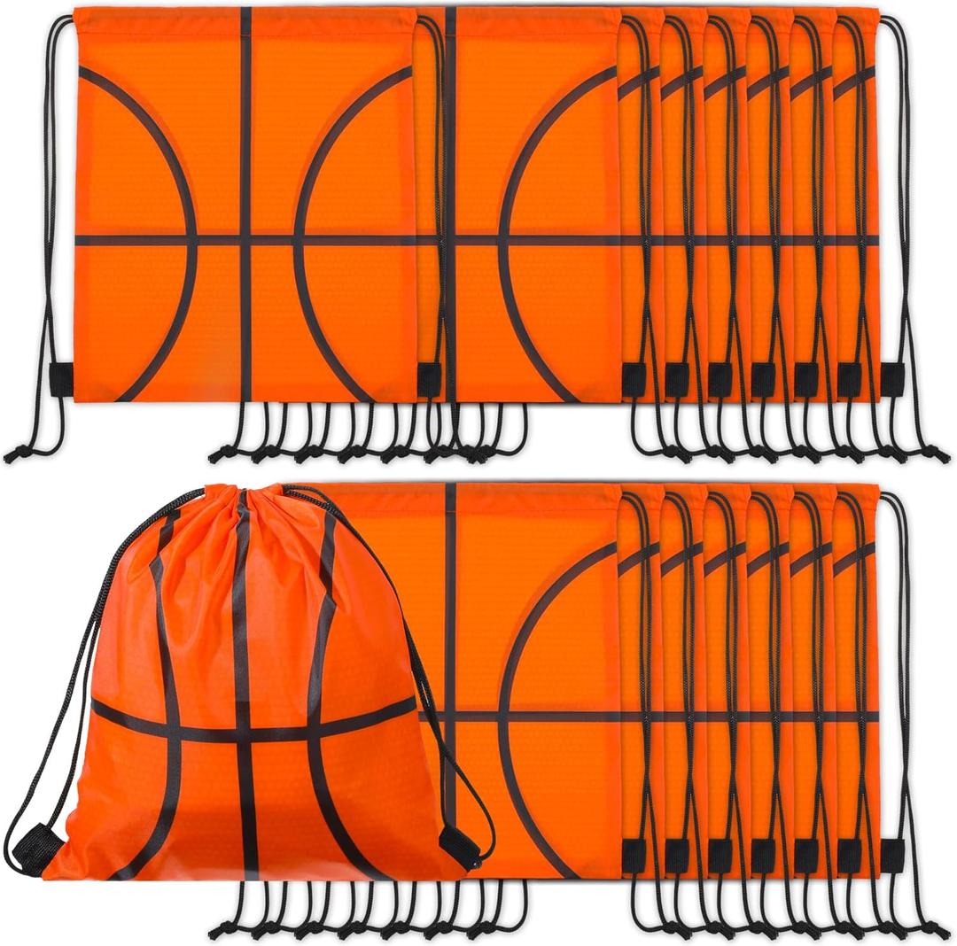 Afcabakila 16 Pcs Basketball Drawstring Bags, Orange Sport Party Favor Bags, 11.8x9.8 Inch Gym Sack For Team Snacks, Gift, Storage, And Decorations