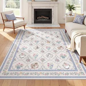 Cat Rug 6x9, Blue Floral Washable Area Rug for Living Room, Soft Non Slip Low Pile Rug for Girls Bedroom,Nursery, Playroom, Dorm Room