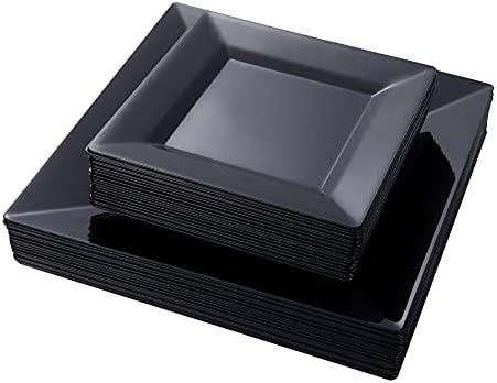 N9R 60 PCS Black Plastic Plates Square, 30 Dinner & 30 Dessert Plates Heavy Duty, Fancy Disposable Plates for Party, Wedding and other Events